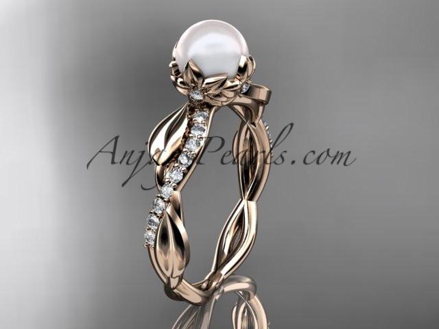 14k rose gold diamond pearl leaf engagement ring AP385 - AnjaysDesigns