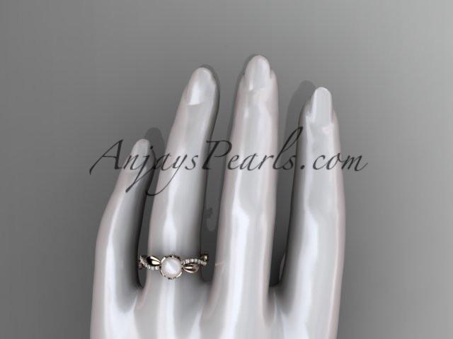 14k rose gold diamond pearl leaf engagement ring AP385 - AnjaysDesigns