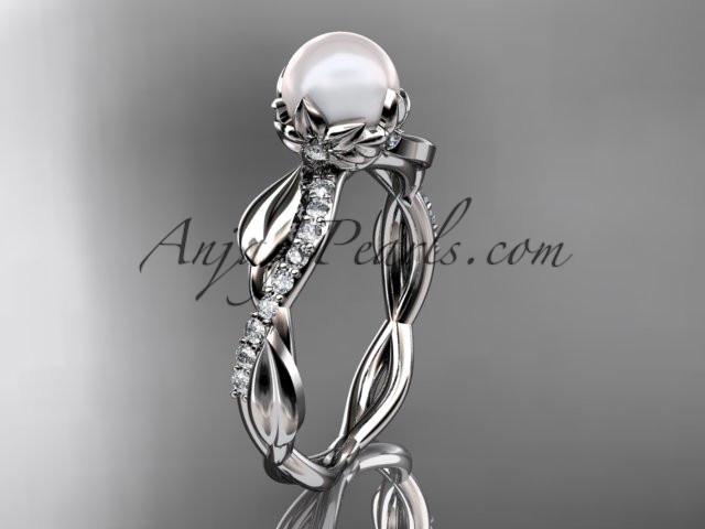 platinum diamond pearl leaf engagement ring AP385 - AnjaysDesigns