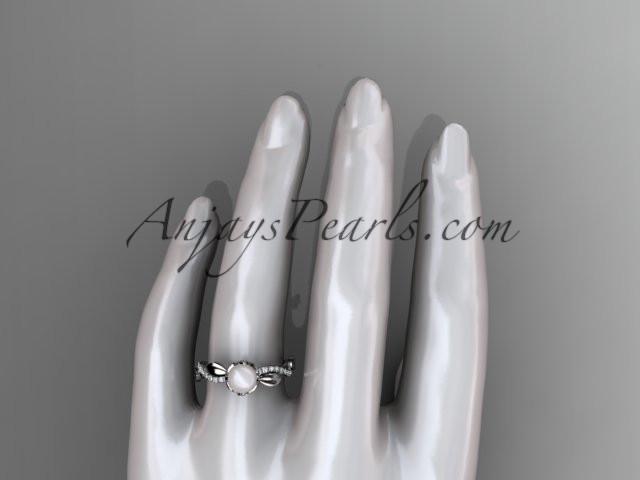 platinum diamond pearl leaf engagement ring AP385 - AnjaysDesigns