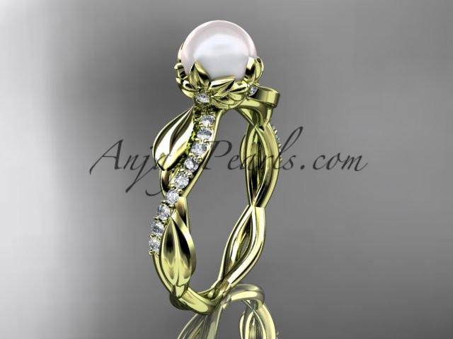 14k yellow gold diamond pearl leaf engagement ring AP385 - AnjaysDesigns