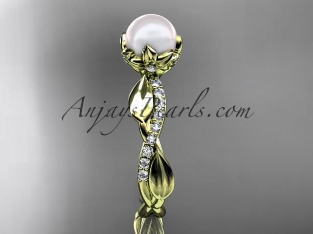 14k yellow gold diamond pearl leaf engagement ring AP385 - AnjaysDesigns