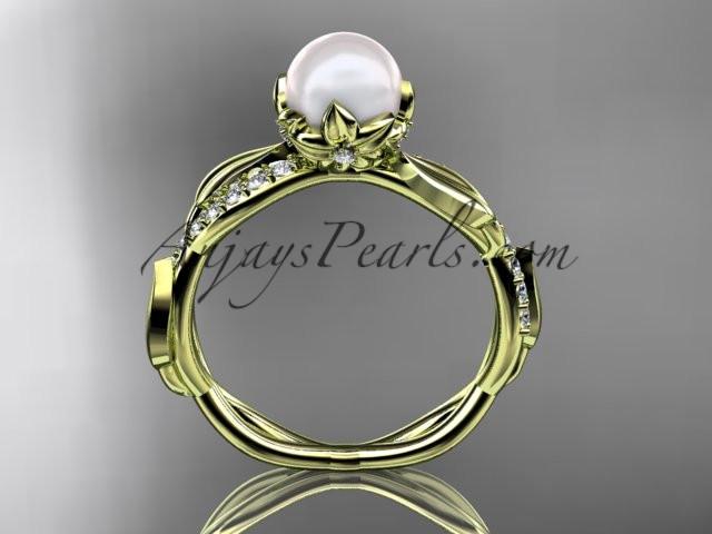 14k yellow gold diamond pearl leaf engagement ring AP385 - AnjaysDesigns