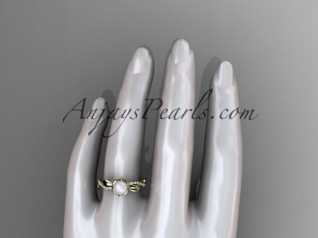 14k yellow gold diamond pearl leaf engagement ring AP385 - AnjaysDesigns