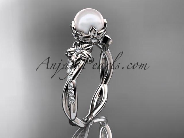 platinum diamond pearl flower engagement ring AP388 - AnjaysDesigns