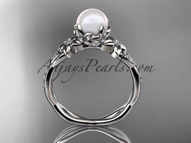 platinum diamond pearl flower engagement ring AP388 - AnjaysDesigns
