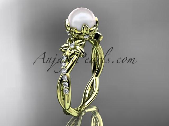 14k yellow gold diamond pearl flower engagement ring AP388 - AnjaysDesigns