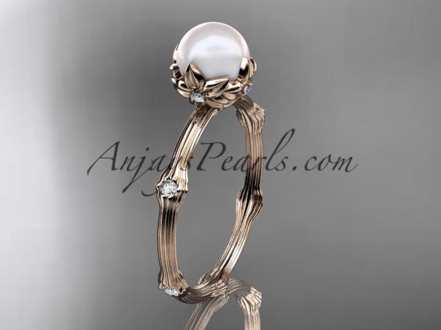 14k rose gold diamond pearl vine and leaf engagement ring AP38 - AnjaysDesigns