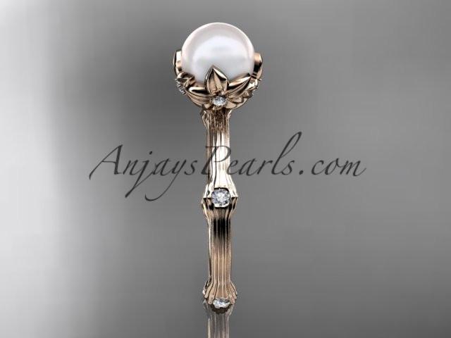 14k rose gold diamond pearl vine and leaf engagement ring AP38 - AnjaysDesigns