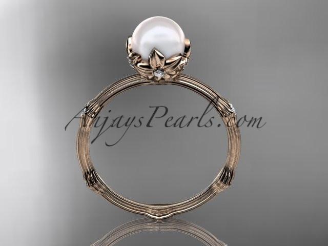14k rose gold diamond pearl vine and leaf engagement ring AP38 - AnjaysDesigns