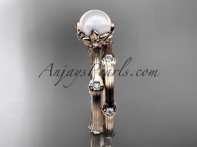 14k rose gold diamond pearl vine and leaf engagement set AP38S - AnjaysDesigns