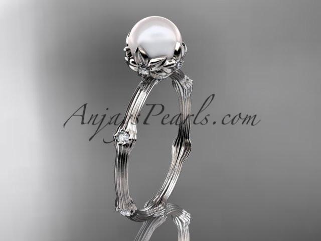 Platinum diamond pearl vine and leaf engagement ring AP38 - AnjaysDesigns