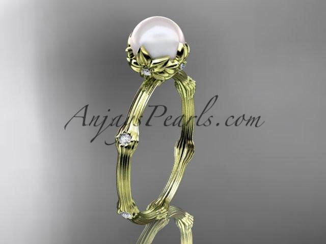 14k yellow gold diamond pearl vine and leaf engagement ring AP38 - AnjaysDesigns
