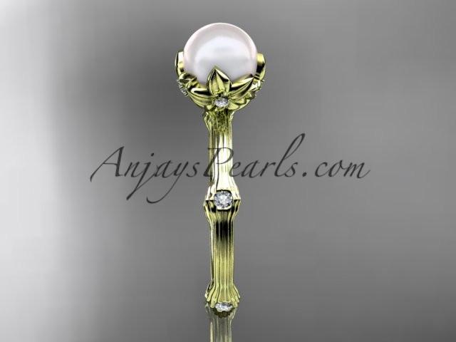 14k yellow gold diamond pearl vine and leaf engagement ring AP38 - AnjaysDesigns