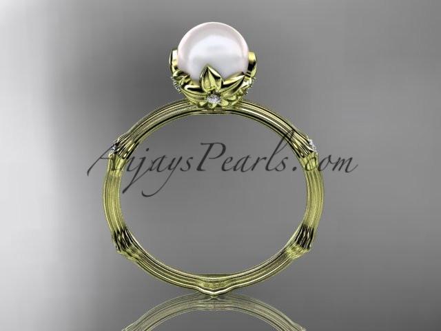 14k yellow gold diamond pearl vine and leaf engagement ring AP38 - AnjaysDesigns