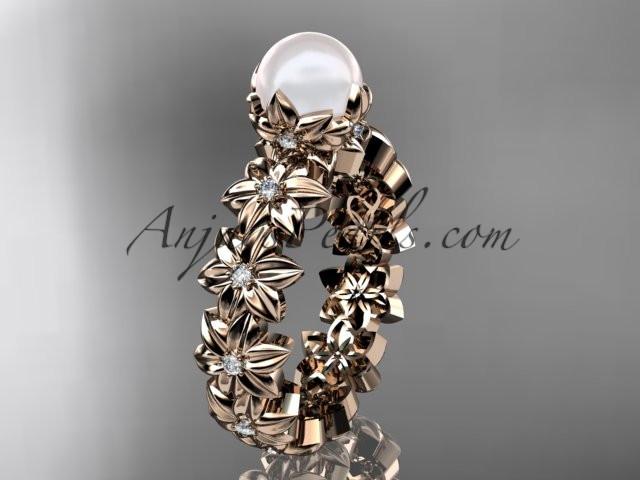 14k rose gold diamond pearl vine and leaf engagement ring AP57 - AnjaysDesigns