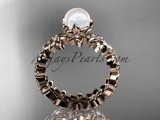 14k rose gold diamond pearl vine and leaf engagement ring AP57 - AnjaysDesigns