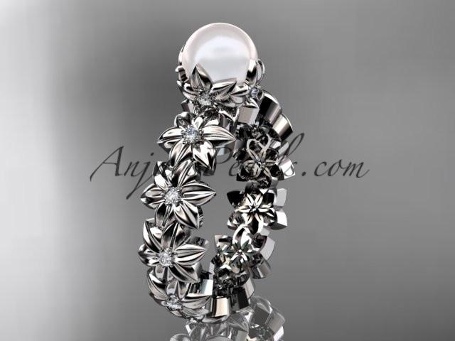 14k white gold diamond pearl vine and leaf engagement ring AP57 - AnjaysDesigns