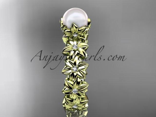 14k yellow gold diamond pearl vine and leaf engagement ring AP57 - AnjaysDesigns