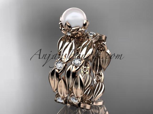 14k rose gold diamond pearl vine and leaf engagement set AP58S - AnjaysDesigns
