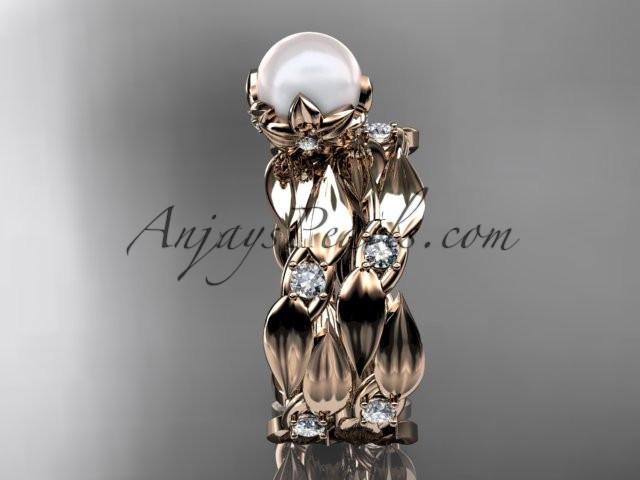 14k rose gold diamond pearl vine and leaf engagement set AP58S - AnjaysDesigns