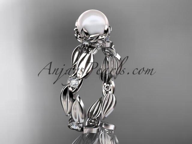 Platinum diamond pearl vine and leaf engagement ring AP58 - AnjaysDesigns