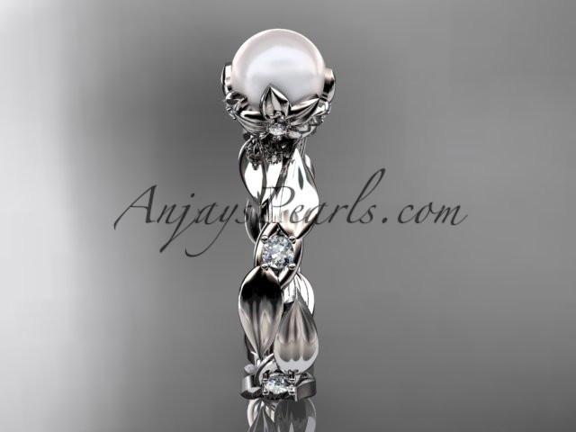 14k white gold diamond pearl vine and leaf engagement ring AP58 - AnjaysDesigns