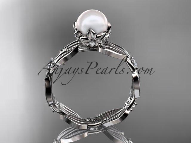 14k white gold diamond pearl vine and leaf engagement ring AP58 - AnjaysDesigns