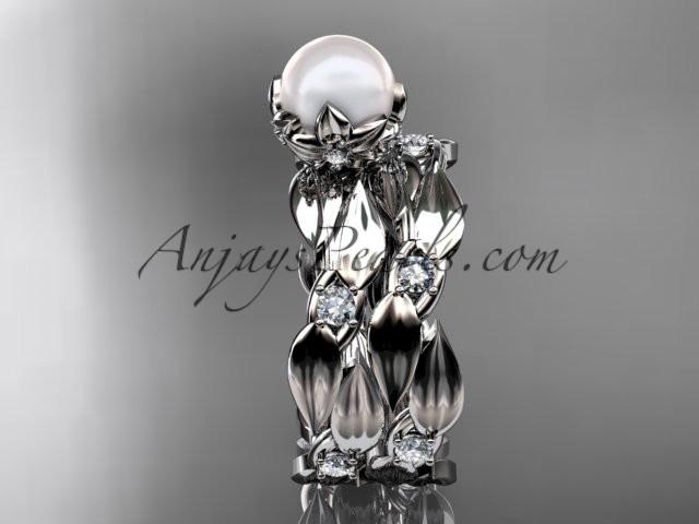 Platinum diamond pearl vine and leaf engagement set AP58S - AnjaysDesigns