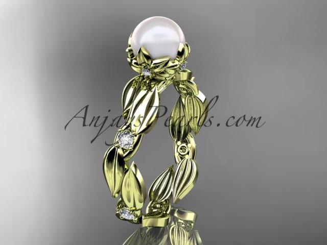 14k yellow gold diamond pearl vine and leaf engagement ring AP58 - AnjaysDesigns