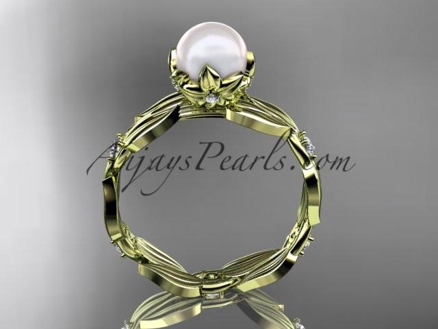 14k yellow gold diamond pearl vine and leaf engagement ring AP58 - AnjaysDesigns