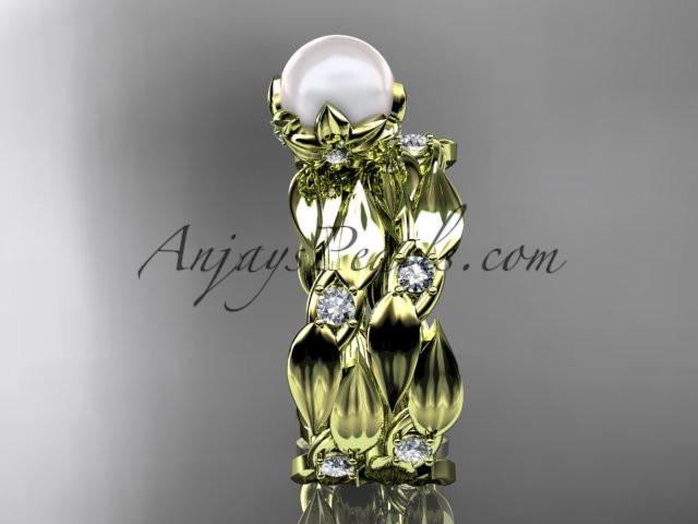 14k yellow gold diamond pearl vine and leaf engagement set AP58S - AnjaysDesigns