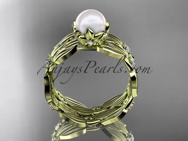 14k yellow gold diamond pearl vine and leaf engagement set AP58S - AnjaysDesigns