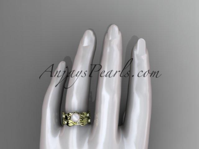 14k yellow gold diamond pearl vine and leaf engagement set AP58S - AnjaysDesigns
