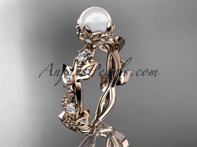 14k rose gold diamond pearl vine and leaf engagement ring AP59 - AnjaysDesigns