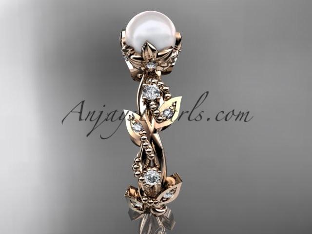 14k rose gold diamond pearl vine and leaf engagement ring AP59 - AnjaysDesigns