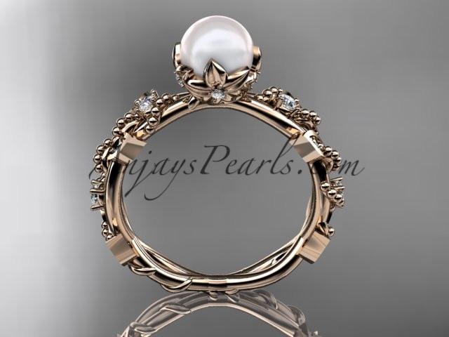 14k rose gold diamond pearl vine and leaf engagement ring AP59 - AnjaysDesigns