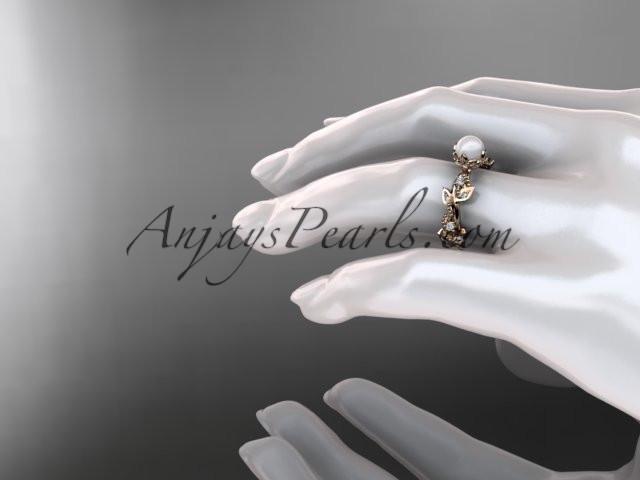 14k rose gold diamond pearl vine and leaf engagement ring AP59 - AnjaysDesigns