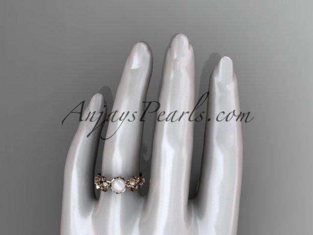 14k rose gold diamond pearl vine and leaf engagement ring AP59 - AnjaysDesigns