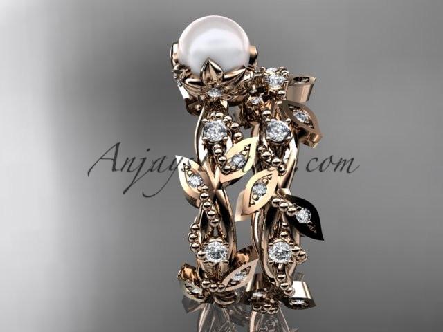 14k rose gold diamond pearl vine and leaf engagement ring AP59S - AnjaysDesigns