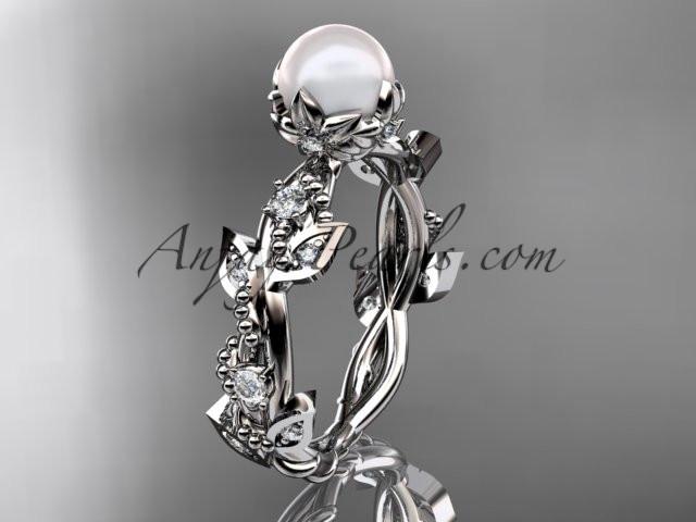 14k white gold diamond pearl vine and leaf engagement ring AP59 - AnjaysDesigns