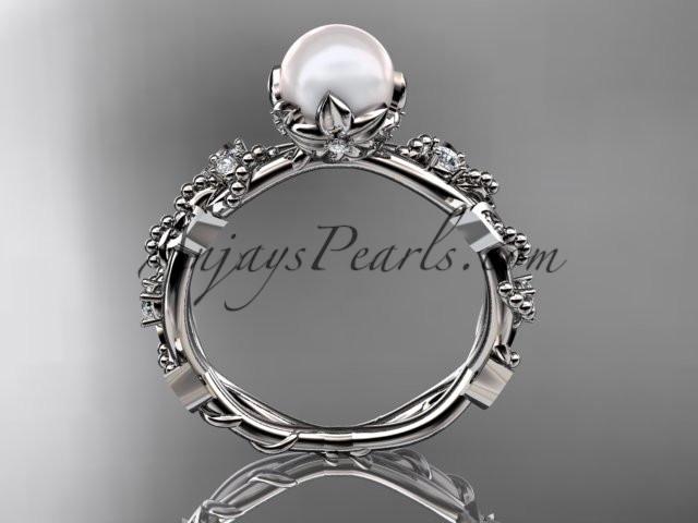 14k white gold diamond pearl vine and leaf engagement ring AP59 - AnjaysDesigns