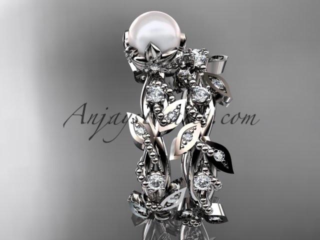 14k white gold diamond pearl vine and leaf engagement ring AP59S - AnjaysDesigns