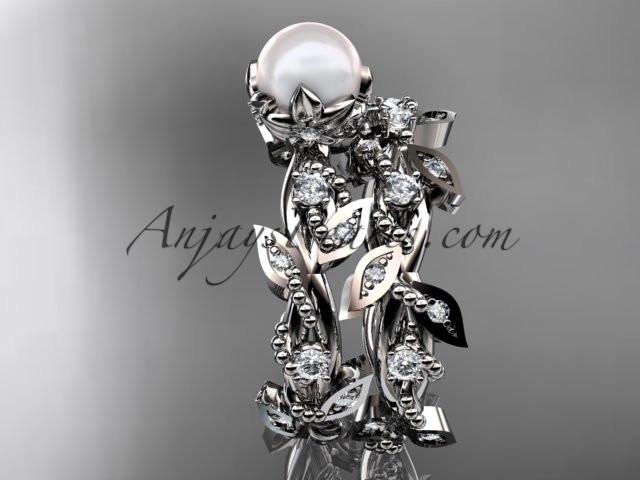 Platinum diamond pearl vine and leaf engagement ring AP59S - AnjaysDesigns