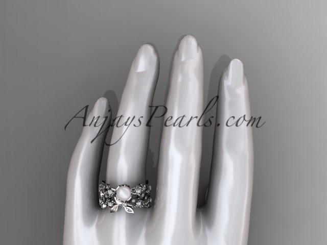 14k white gold diamond pearl vine and leaf engagement ring AP59S - AnjaysDesigns