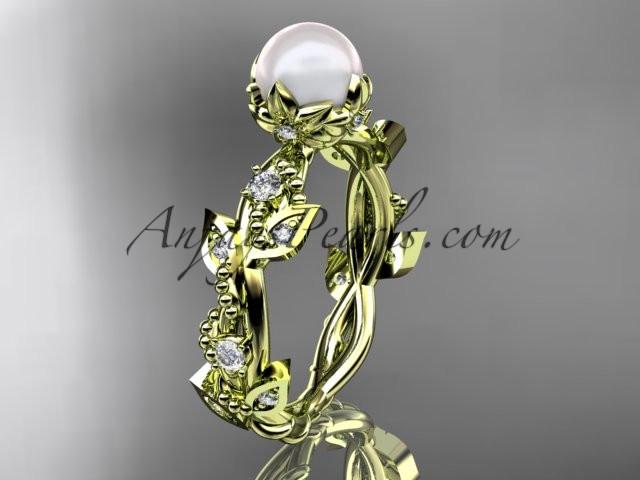 14k yellow gold diamond pearl vine and leaf engagement ring AP59 - AnjaysDesigns