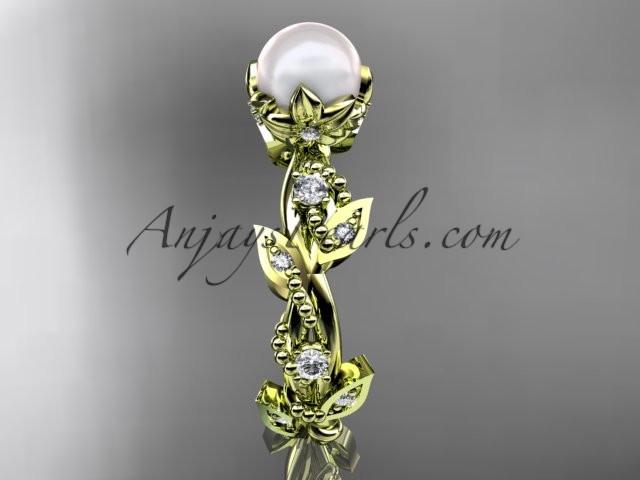 14k yellow gold diamond pearl vine and leaf engagement ring AP59 - AnjaysDesigns