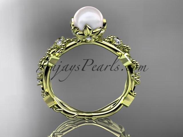 14k yellow gold diamond pearl vine and leaf engagement ring AP59 - AnjaysDesigns