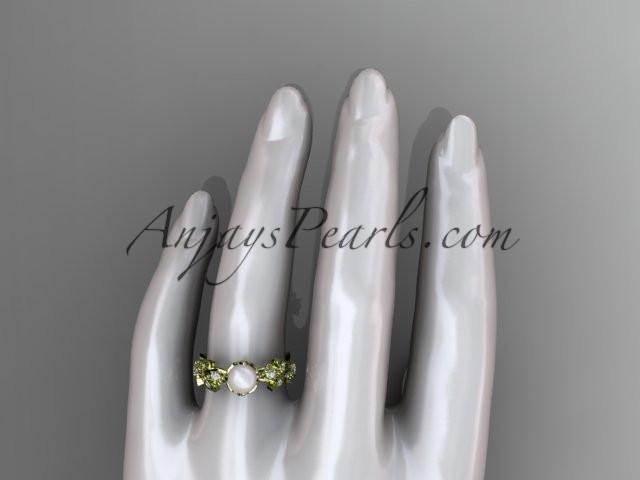 14k yellow gold diamond pearl vine and leaf engagement ring AP59 - AnjaysDesigns