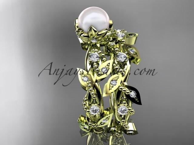 14k yellow gold diamond pearl vine and leaf engagement ring AP59S - AnjaysDesigns